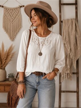 Atmosphere White Eyelet Peasant Blouse - 8